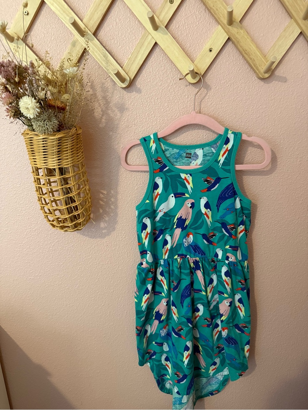 Tea Collection Girls' Teal Parrot Print Sleeveless Dress